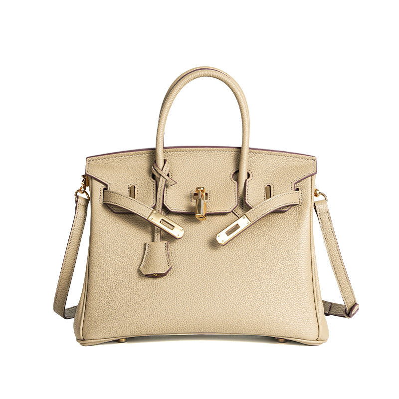 Luxury Genuine Top Grain Pebbled Leather Women's Handbag with Lock Closure-Handbags-elephant gray-35CM-Free Shipping Leatheretro