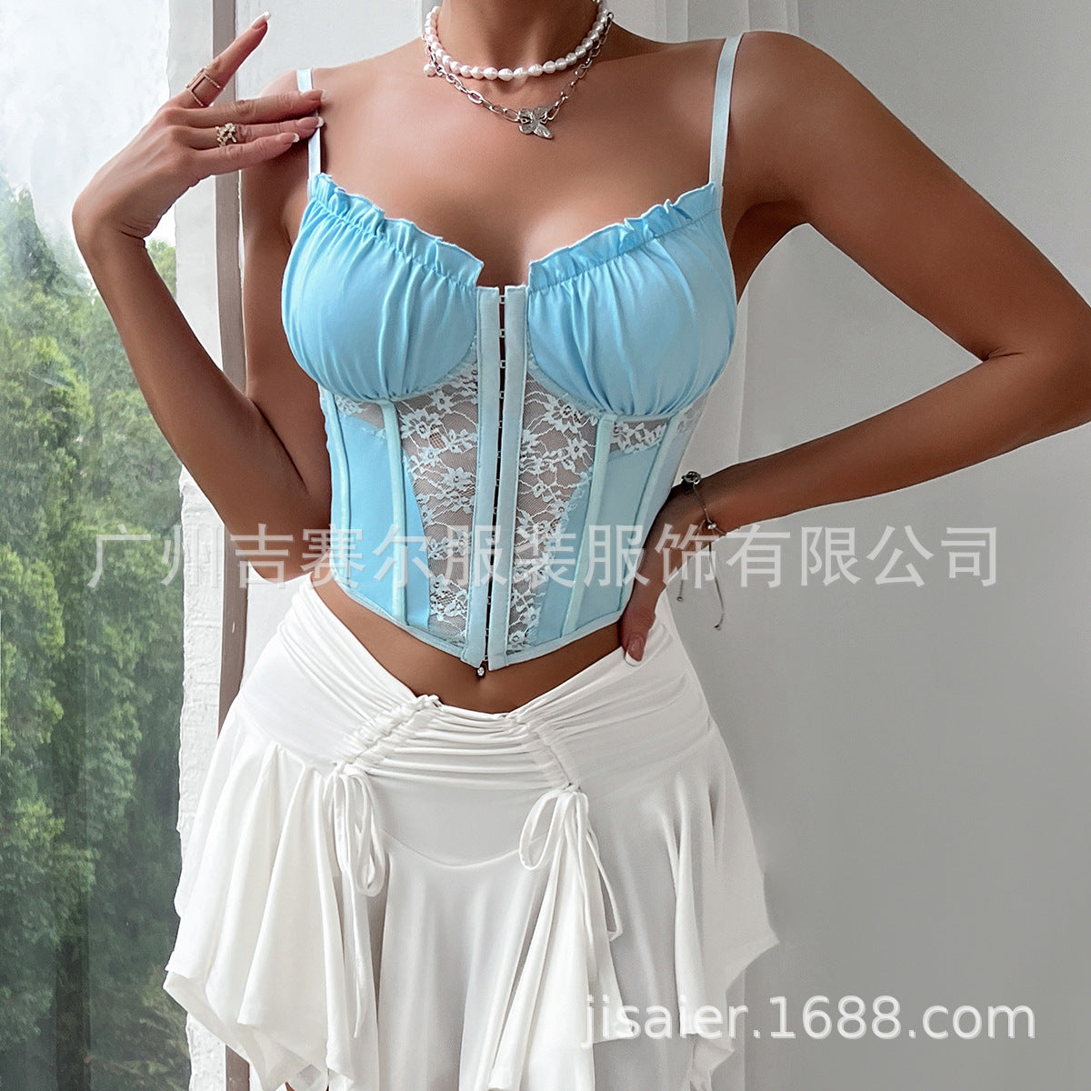 Sexy Ruffled Lace Tank Tops-tank tops-Sky Blue-S-Free Shipping Leatheretro