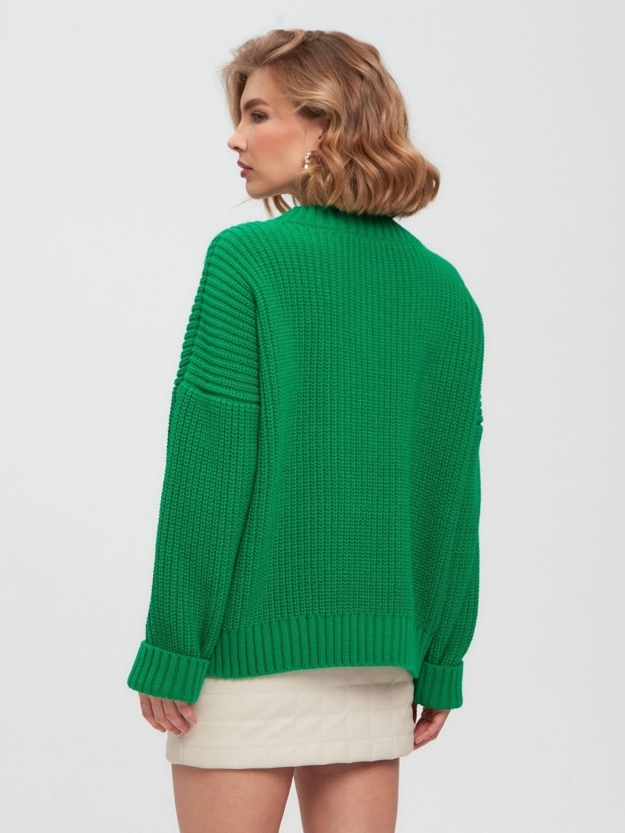 Casual V Neck Loose Knitted Sweaters-Sweaters-Green-S-Free Shipping Leatheretro