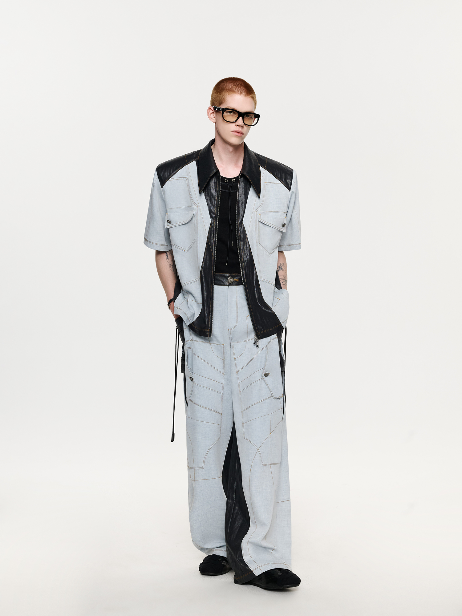 TIWILLTANG Contrast Stitch Paneled Wide-Leg Pants-Pants-S / 28-31”-Blue-Free Shipping Leatheretro