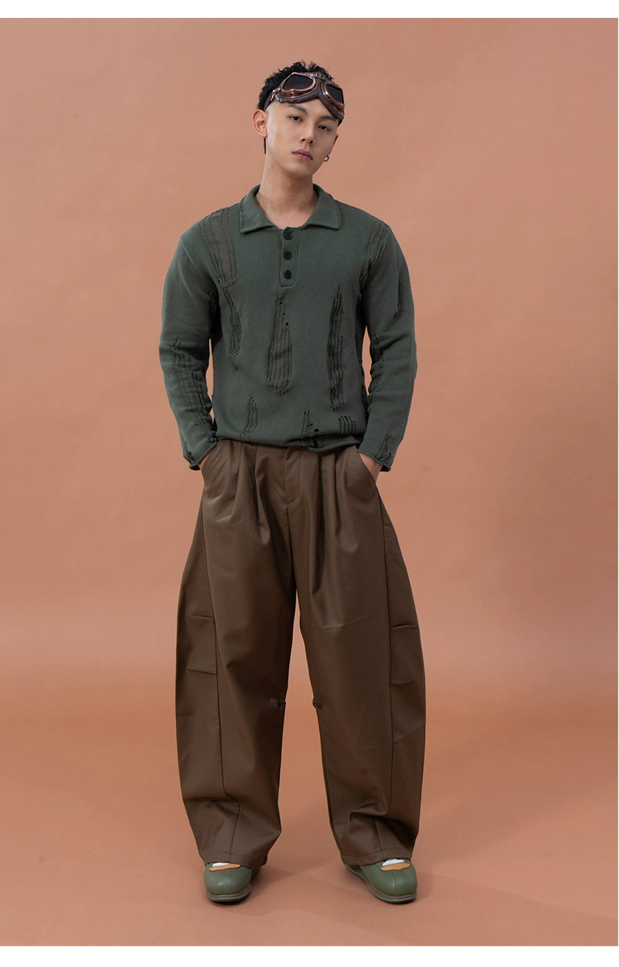 CLP Men's Distressed Knit Polo Shirt-Green-M-Free Shipping Leatheretro