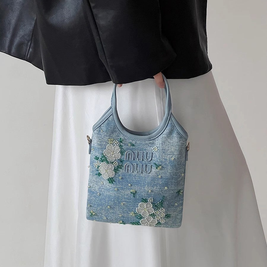 Embroidery Denim Tote Bag – Stylish Women’s Handheld, Shoulder & Crossbody Purse-blue-Free Shipping Leatheretro