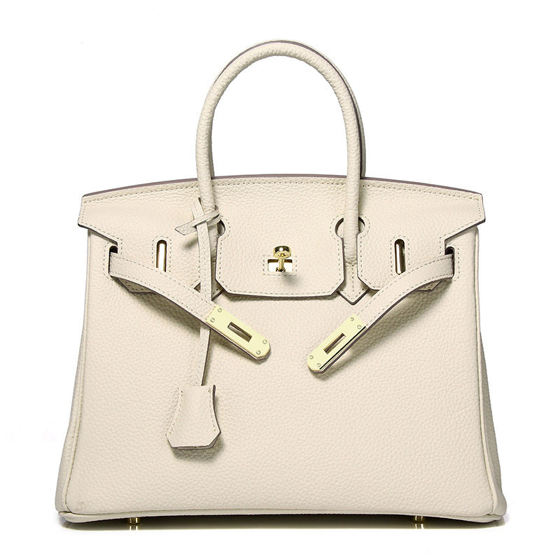 Luxury Genuine Top Grain Pebbled Leather Women's Handbag with Lock Closure-Handbags-elephant gray-35CM-Free Shipping Leatheretro