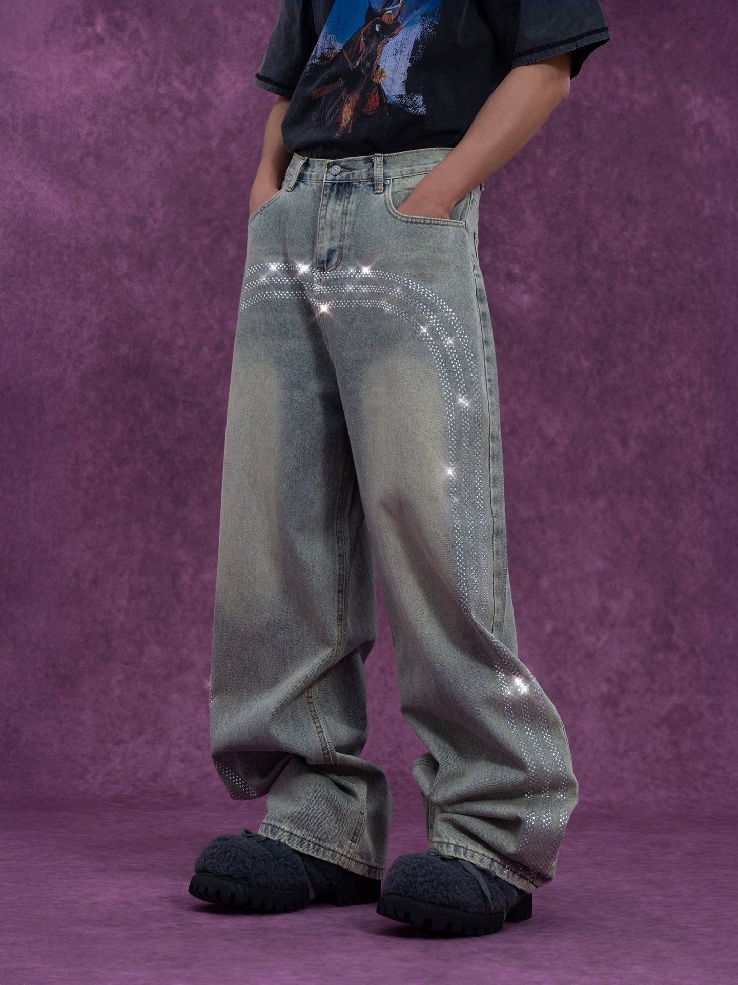 CLP Men's Retro Light Blue Curved Hem Jeans-Light Blue-S-Free Shipping Leatheretro