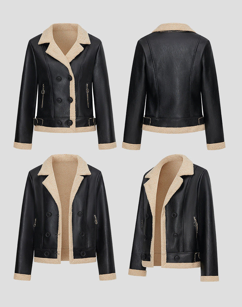 Women's Faux Fur-Lined PU Leather Jacket-As Photo-S-Free Shipping Leatheretro