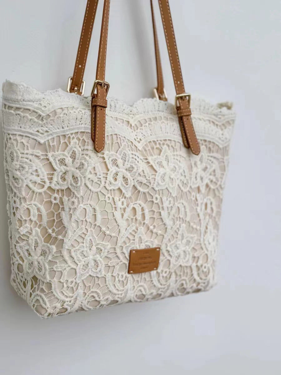 Women's Summer Beach Tote Bag – Large Capacity French Boho Lace Shoulder Bag-米白色-Free Shipping Leatheretro