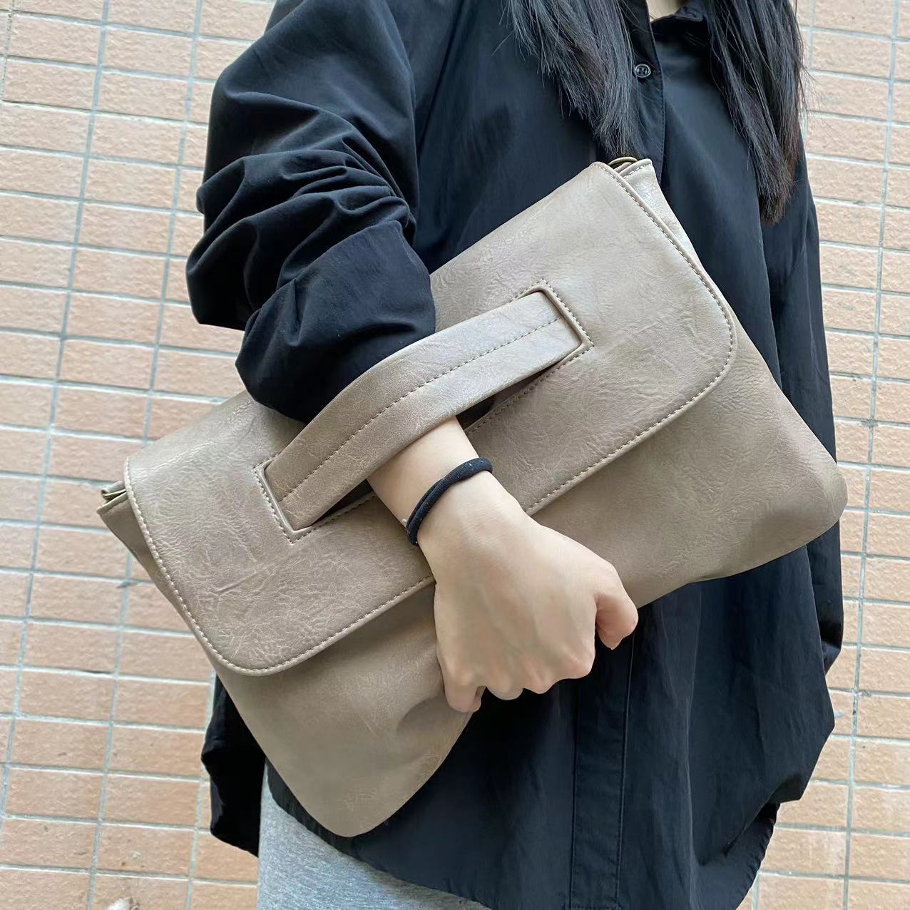 Large Capacity Faux Leather File Organizer, Shoulder Bag for Documents-khaki-Free Shipping Leatheretro