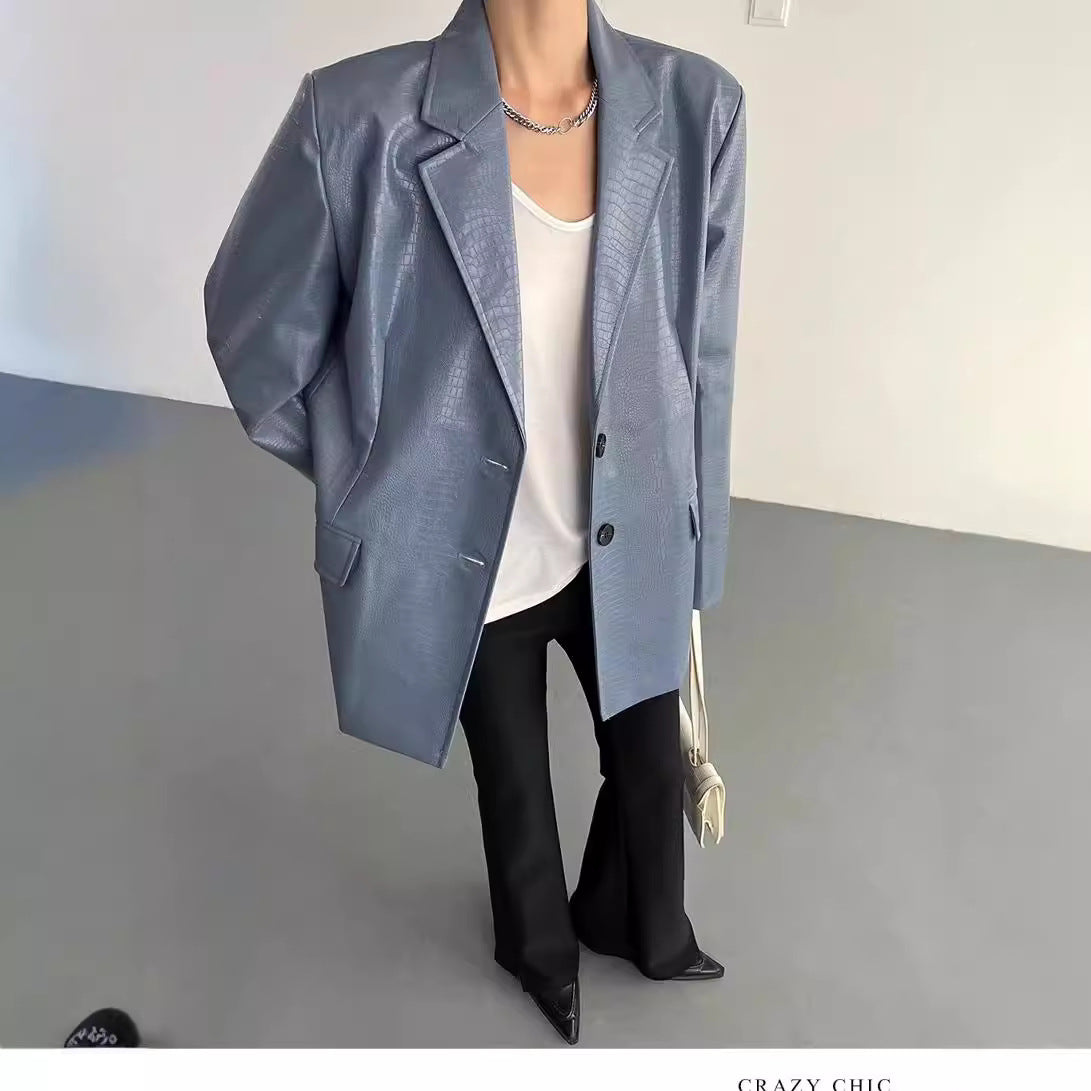 Women's Faux Leather Blazer – Oversized Casual Jacket-black-S-Free Shipping Leatheretro