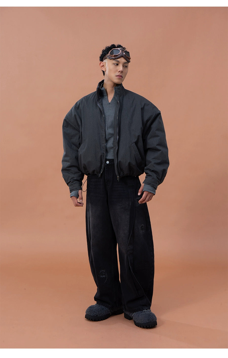 CLP Gray Oversized Sherpa-Lined Jacket for Men-Gray-M-Free Shipping Leatheretro