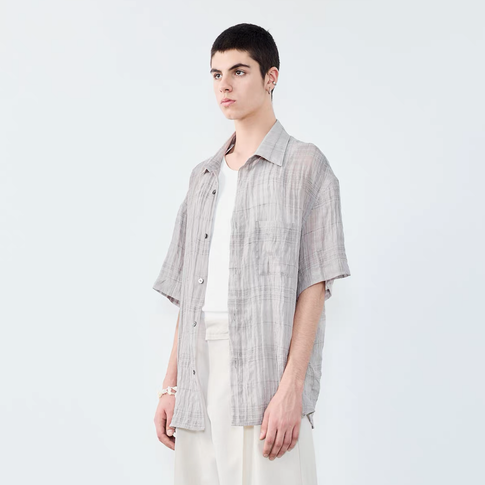 GRAINMUSTARD Linen-Cotton Plaid Half Shirt-Half shirt-XS-Green (S M for preorder)-Free Shipping Leatheretro