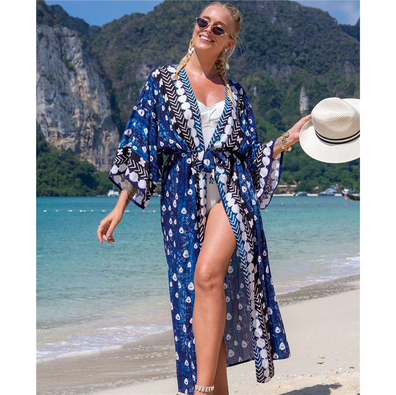 Fashion Floral Print Summer Kimono Beachwear Cover Ups-Blue Water Drop-One Size-Free Shipping Leatheretro