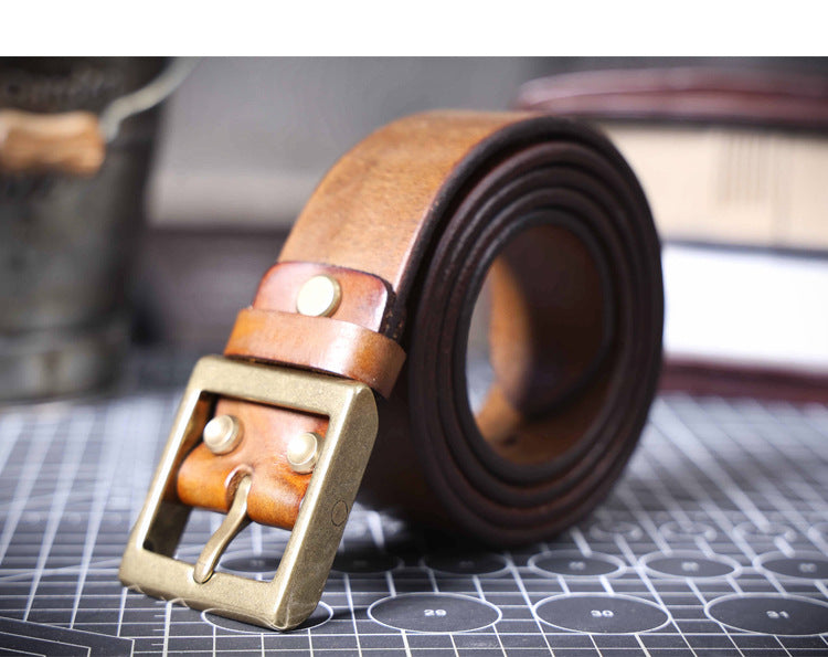 Vintage Men's Genuine Leather Belt Handmade Needle Buckle with Pure Copper Buckle Belt-Leather Belt-Dark Coffee-105cm-Free Shipping Leatheretro