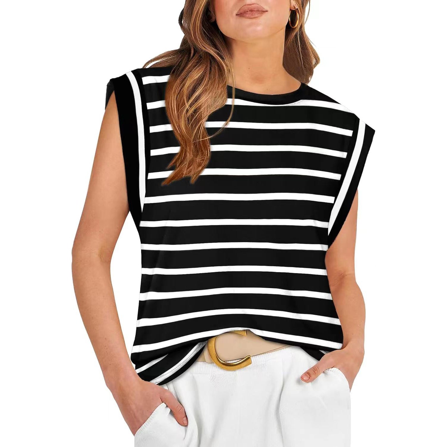 Casual Round Neck Short Sleeves Summer T Shirts-Shirts & Tops-Black Striped-S-Free Shipping Leatheretro