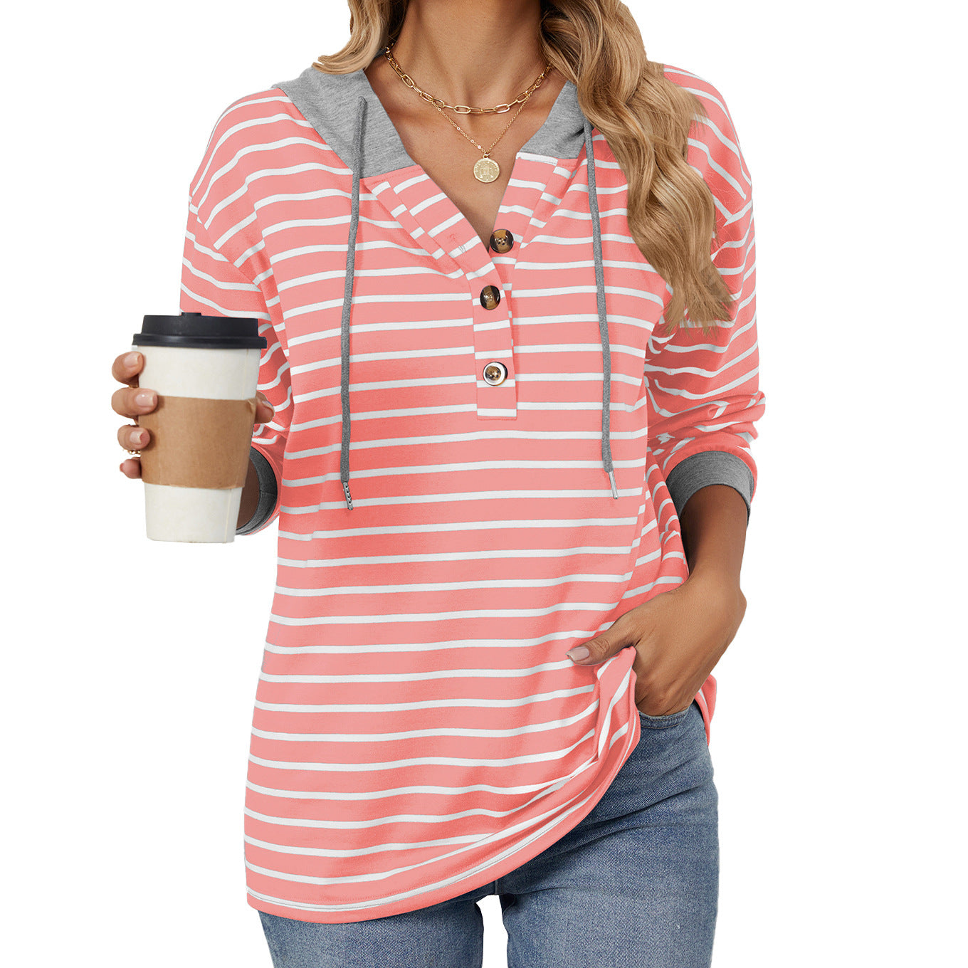 Casual Striped Long Sleeves Hoodies-Sweater&Hoodies-Pink-S-Free Shipping Leatheretro