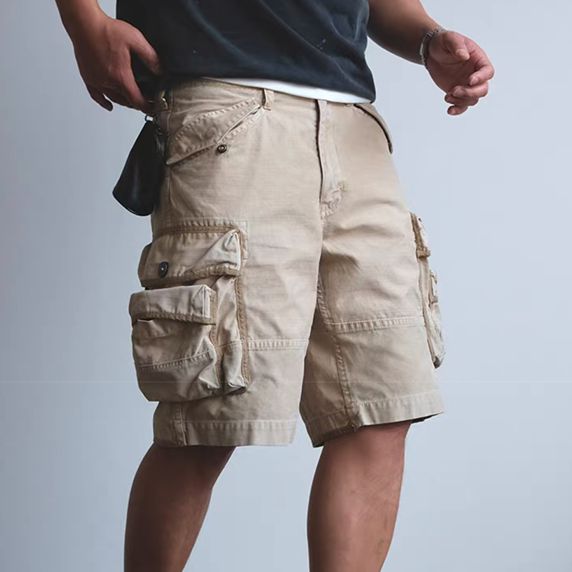 NEIGBORL Washed Multi-Pocket Cargo Shorts-Shorts-S-Khaki-Free Shipping Leatheretro