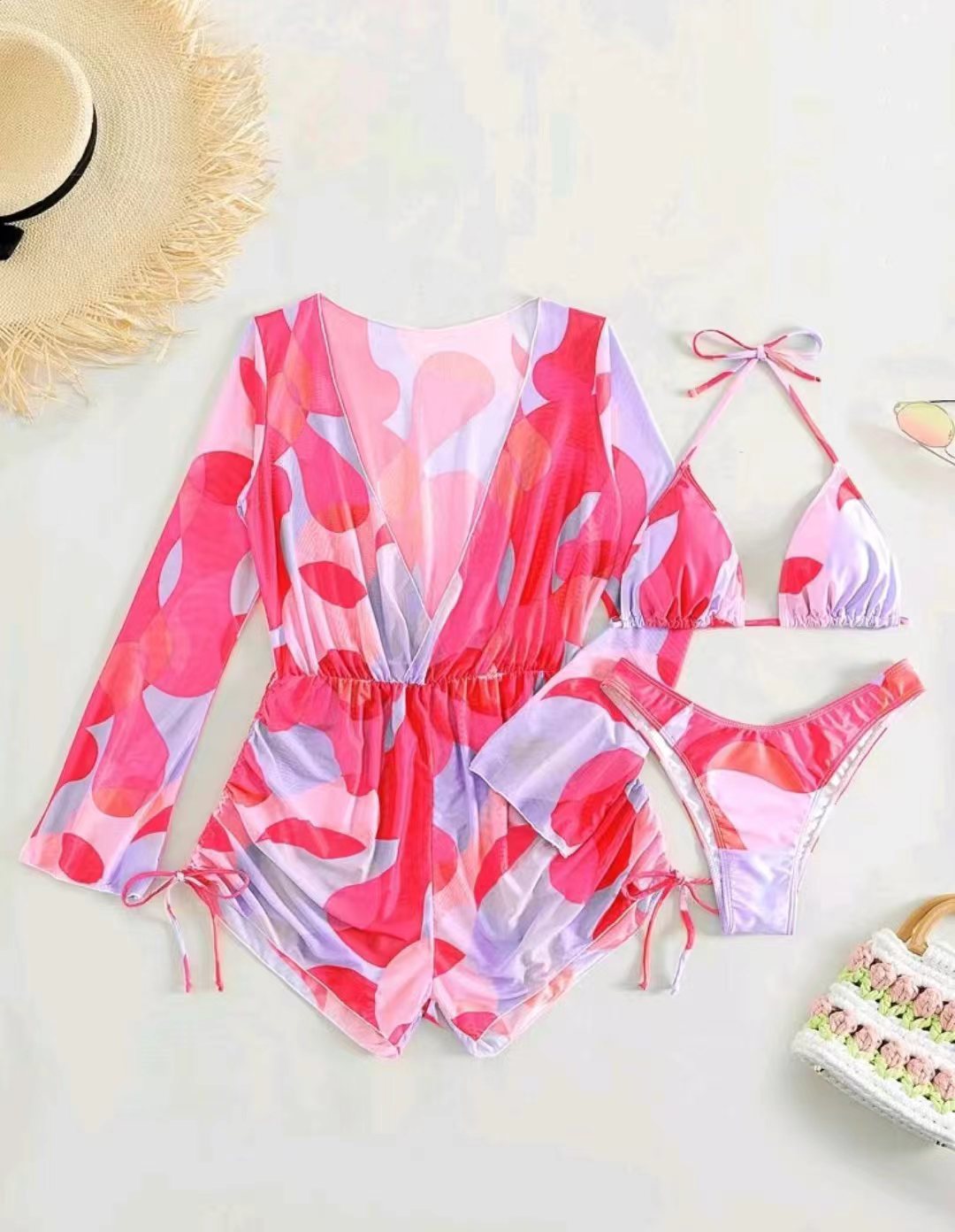 Sexy Long Sleeves Three Pieces Bikini Swimsuits-Swimwear-Pink-S-Free Shipping Leatheretro