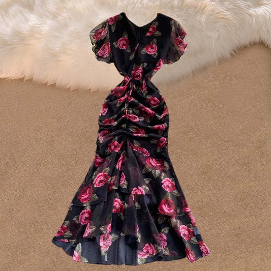 Vintage Luxury Chiffon Mermaid Women Dresses-Dresses-Black-M-Free Shipping Leatheretro