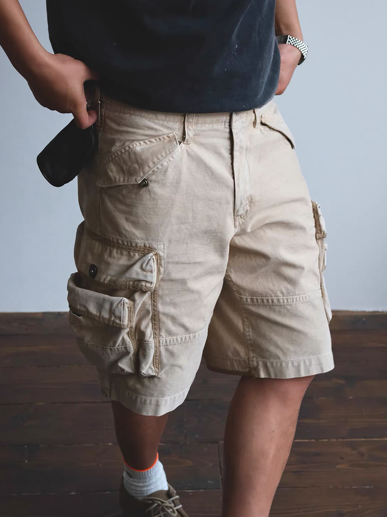 NEIGBORL Washed Multi-Pocket Cargo Shorts-Shorts-S-Khaki-Free Shipping Leatheretro