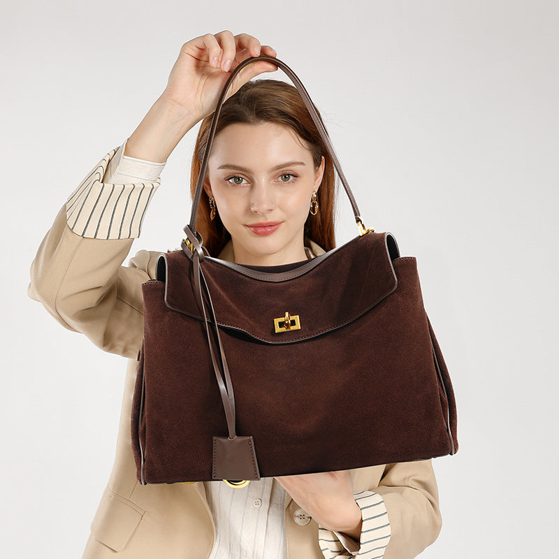 Luxury Large Capacity Genuine Leather Women's Tote with Detachable Strap, Elegant Shoulder & Underarm Purse for Fall/Winter-Handbags-Dark coffee large (frosted suede)-Free Shipping Leatheretro