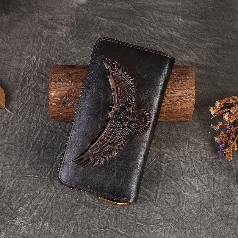 Full-Grain Leather Unisex Wallet - Multi-Card Slots, Eagle Design Spacious Design & Phone Pocket-Handbags, Wallets & Cases-Dark Brown-Free Shipping Leatheretro