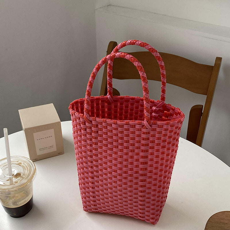 Summer PVC Handwoven Beach Bag – Colorful Boho Tote, Gift Basket & Casual Carryall-Beach Bags-Pink green-Free Shipping Leatheretro