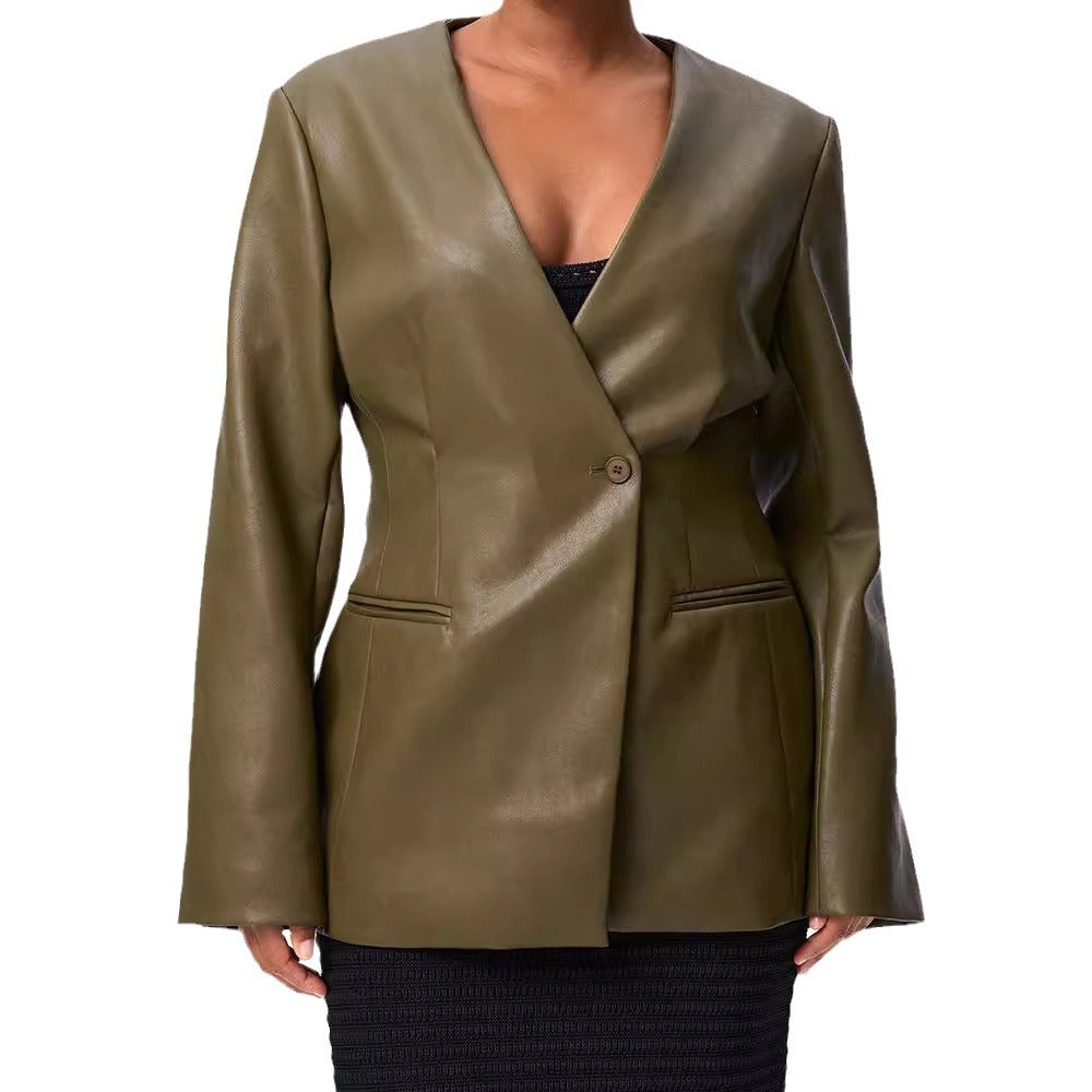 Fashionable Green V-Neck Slim-Fit Faux Leather Blazer-green-S-Free Shipping Leatheretro