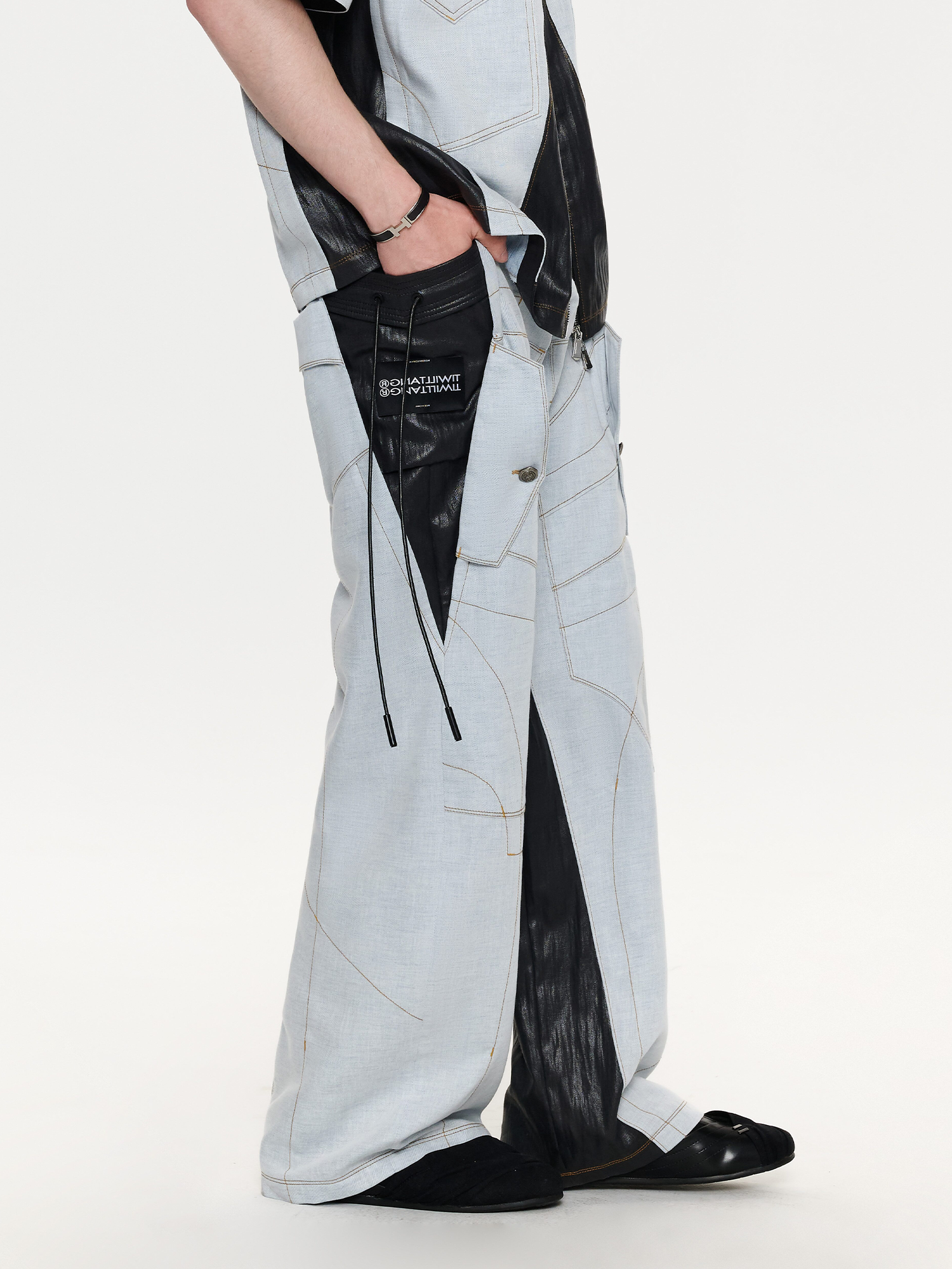 TIWILLTANG Contrast Stitch Paneled Wide-Leg Pants-Pants-S / 28-31”-Blue-Free Shipping Leatheretro