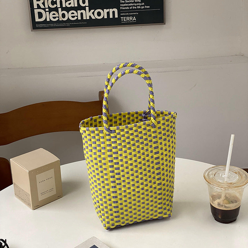 Summer PVC Handwoven Beach Bag – Colorful Boho Tote, Gift Basket & Casual Carryall-Beach Bags-Pink green-Free Shipping Leatheretro