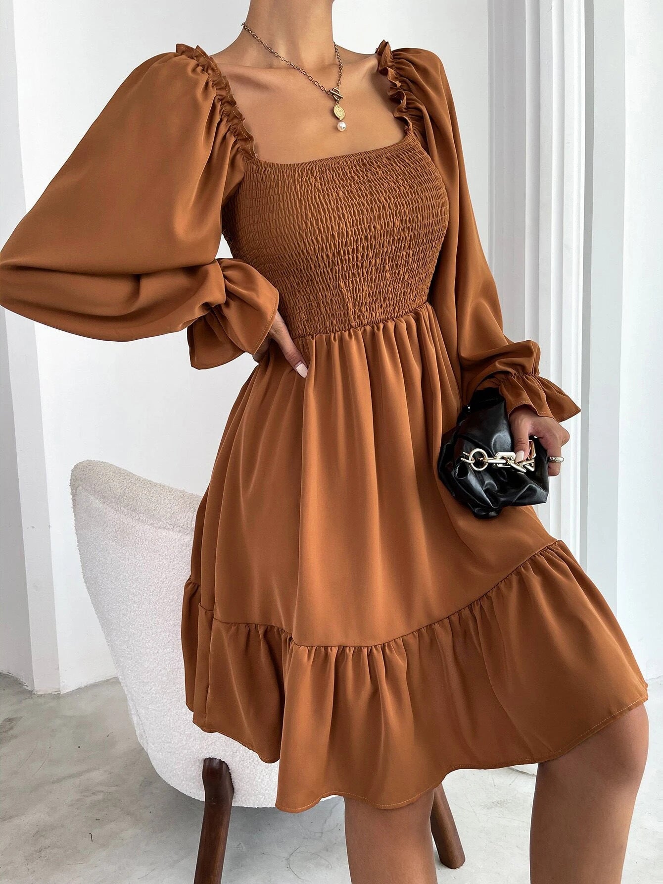 Elegant Square Neckline Long Sleeves Short Dresses-Dresses-Light Brown-S-Free Shipping Leatheretro