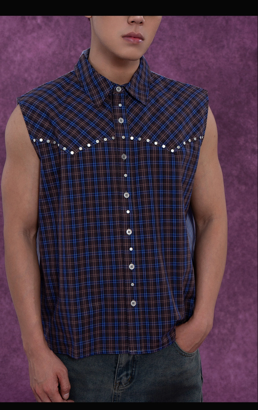 CLP Men's Blue Checkered & Striped Sleeveless Shirt Vest with Rivet Details-Blue-S-Free Shipping Leatheretro