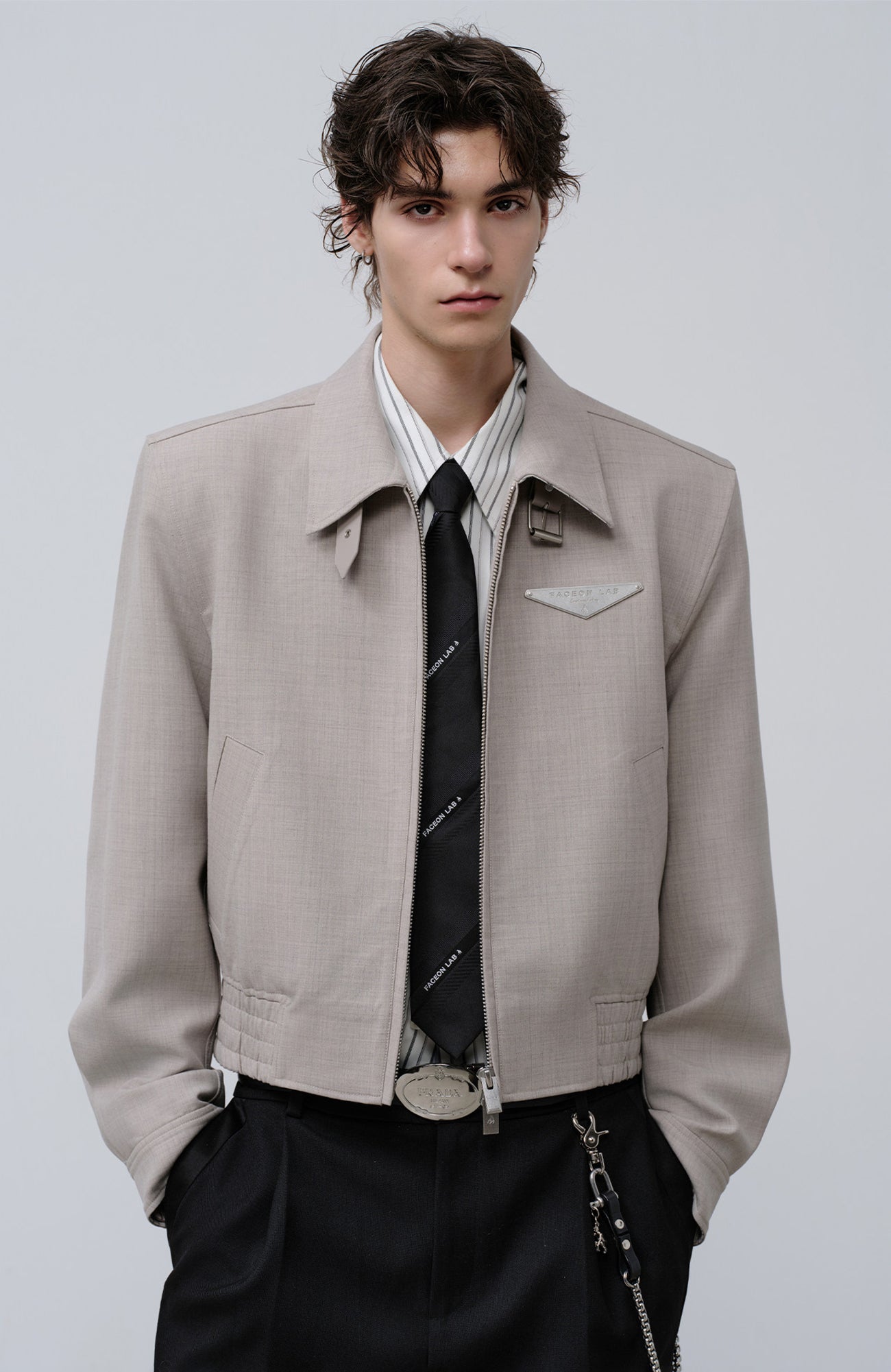 FACEONLAB Cropped Harrington Zip Jacket Gray-Jacket-M (Preorder)-Free Shipping Leatheretro