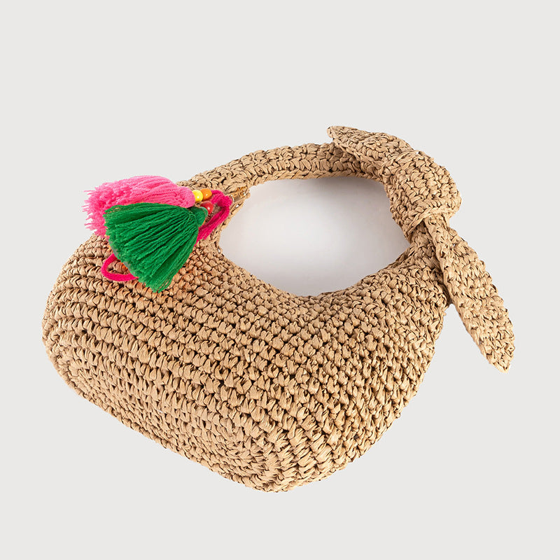 Summer Crescent Moon Handbag – Bow Detail Straw Woven Bag-Apricot - Green Tassel-25x5x15CM-Free Shipping Leatheretro