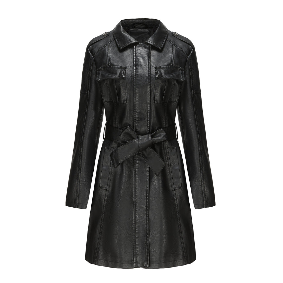 Women's Mid-Long Leather Trench Coat-black-S-Free Shipping Leatheretro