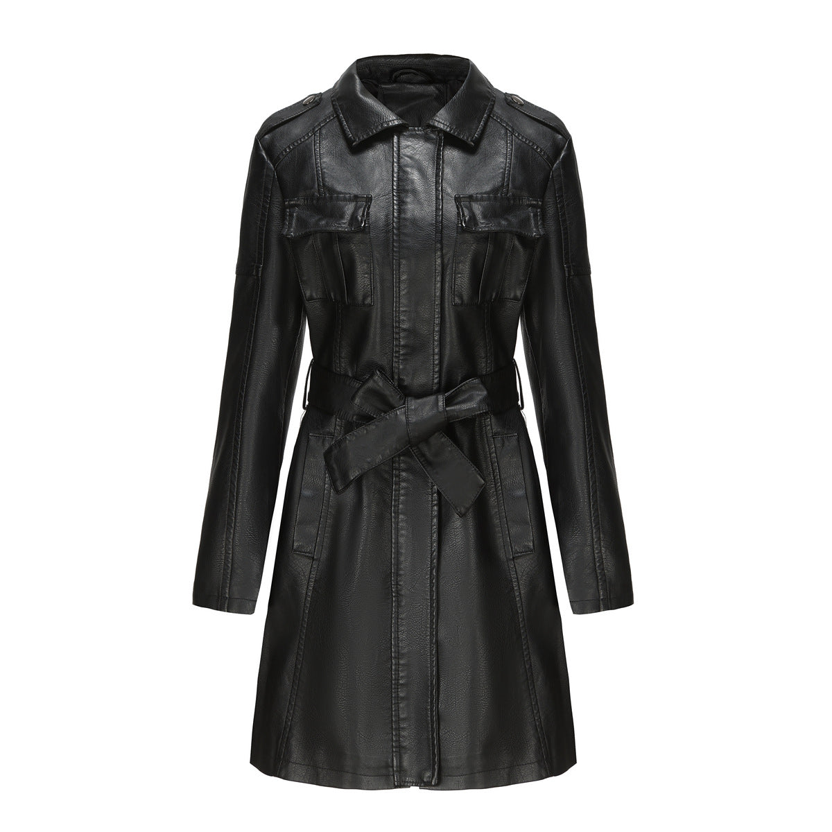 Women's Mid-Long Leather Trench Coat-black-S-Free Shipping Leatheretro