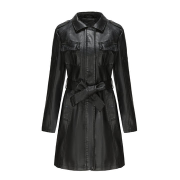 Women's Mid-Long Leather Trench Coat-black-S-Free Shipping Leatheretro