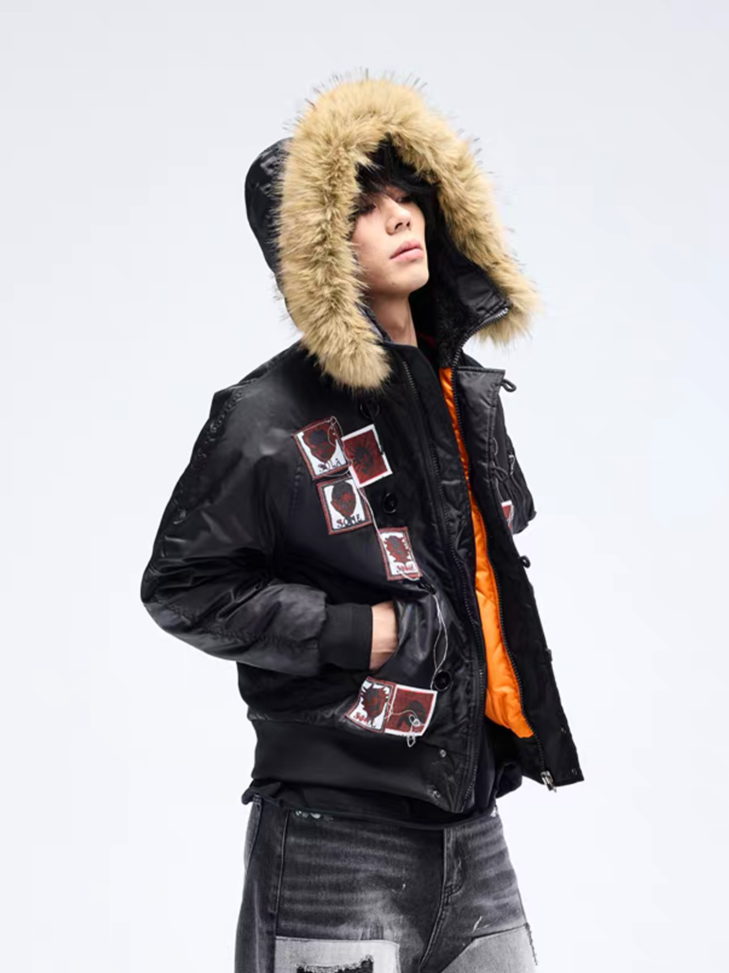 NOTHINGNESS WORLD Faux Fur Patch Hooded Puffer Jacket-Jacket-S (Preorder)-Black-Free Shipping Leatheretro