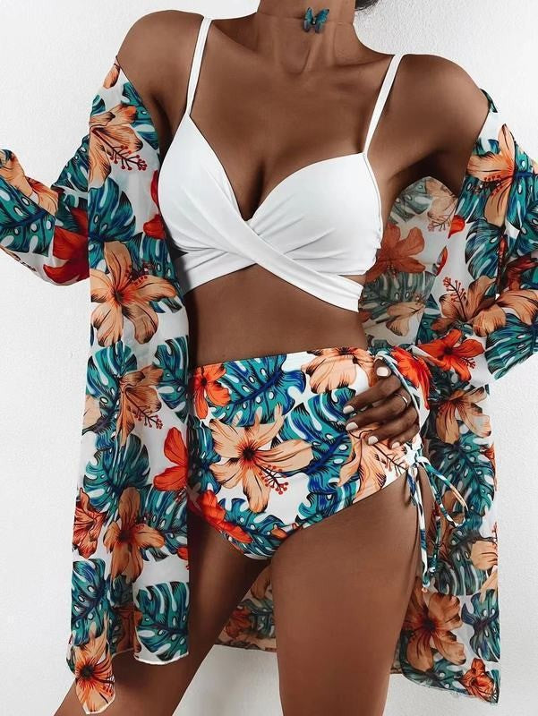 Sexy Floral Print Summer 3pcs Bikini Swimsuits for Women-Swimwear-G-4-Free Shipping Leatheretro