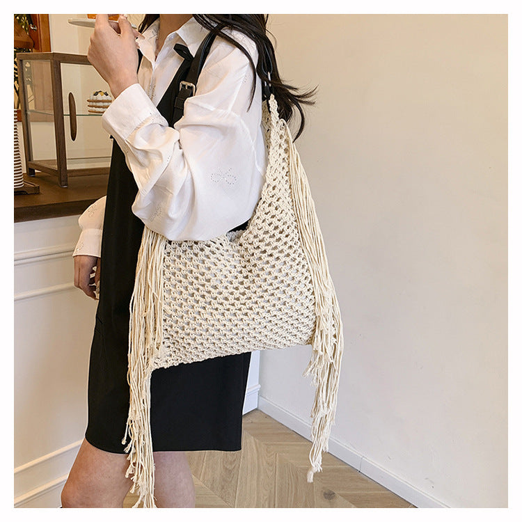 Retro Fringe Handwoven Crochet Tote Bag-Black-Free Shipping Leatheretro