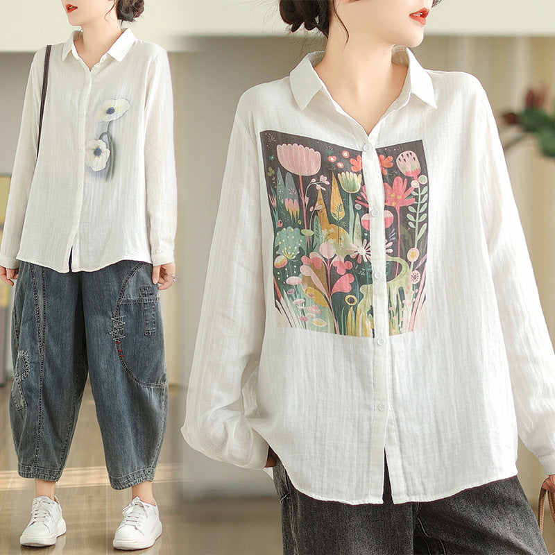 Leisure Linen Long Sleeves Shirts for Women-Shirts & Tops-A-M-Free Shipping Leatheretro