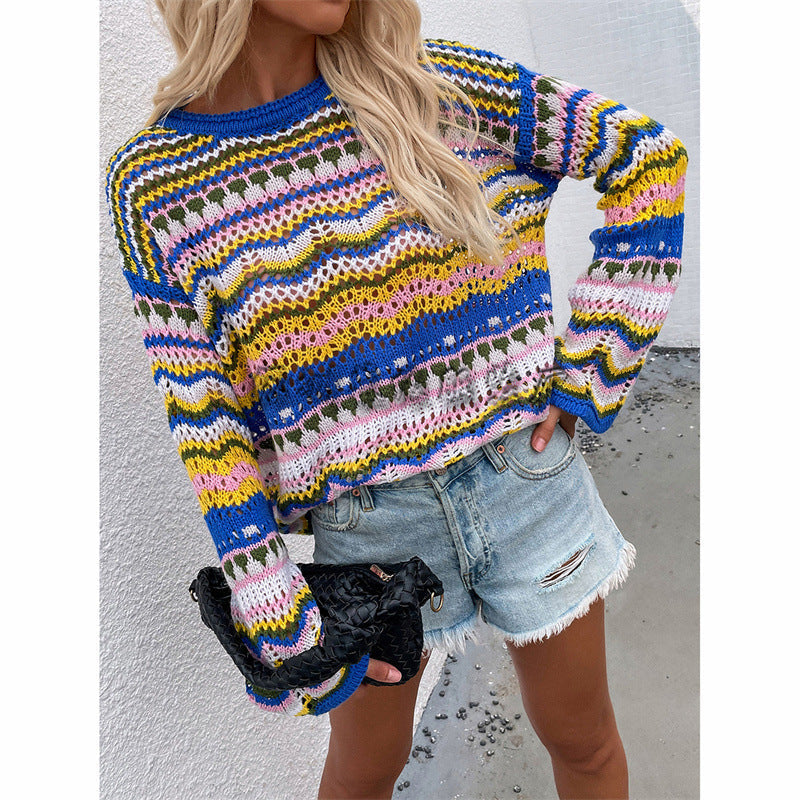 Casual Bohemian Striped Knitted Sweaters-Sweater&Hoodies-Blue-S-Free Shipping Leatheretro