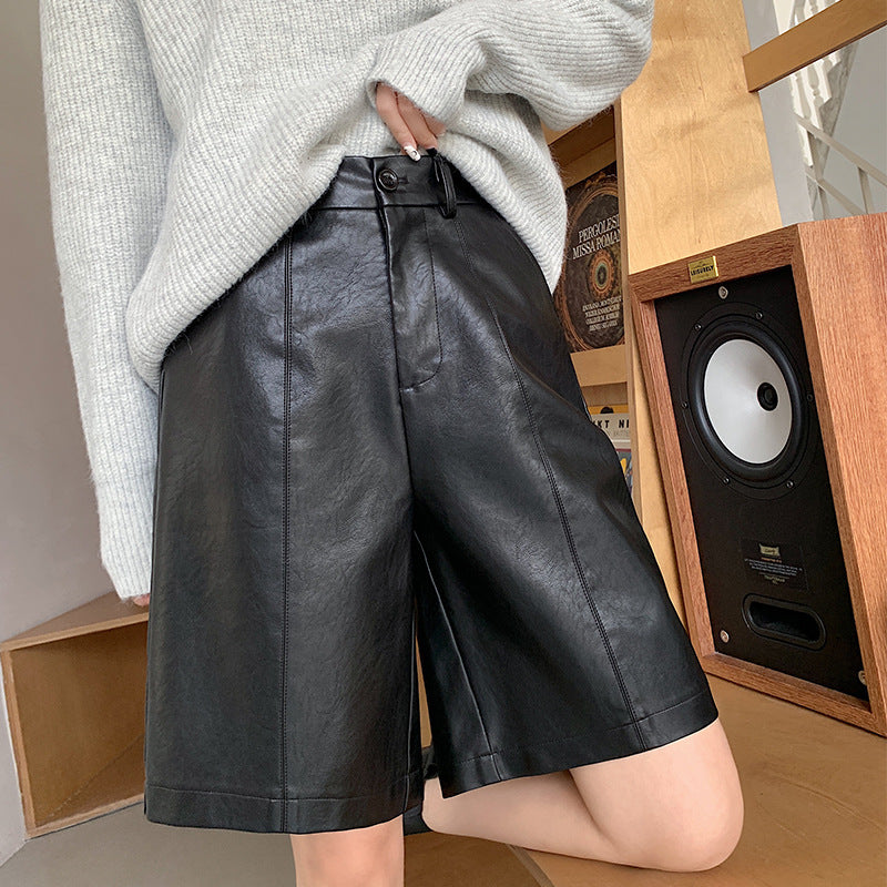 Fashion PU High Waist Knee Pants for Women-Shorts-Black-S-Free Shipping Leatheretro