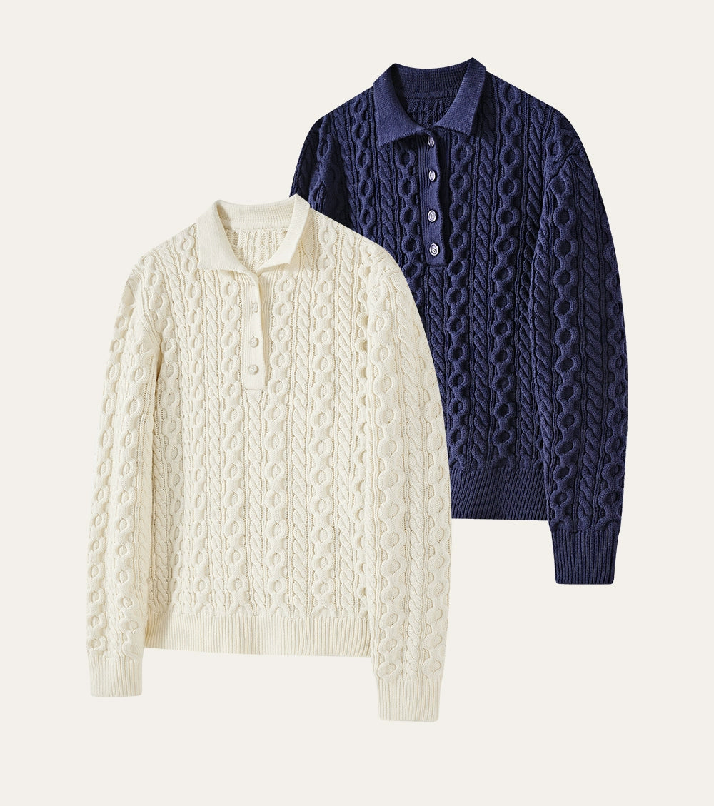 KREATE Textured Cable-Knit Polo Sweater-Ivory-S-Free Shipping Leatheretro