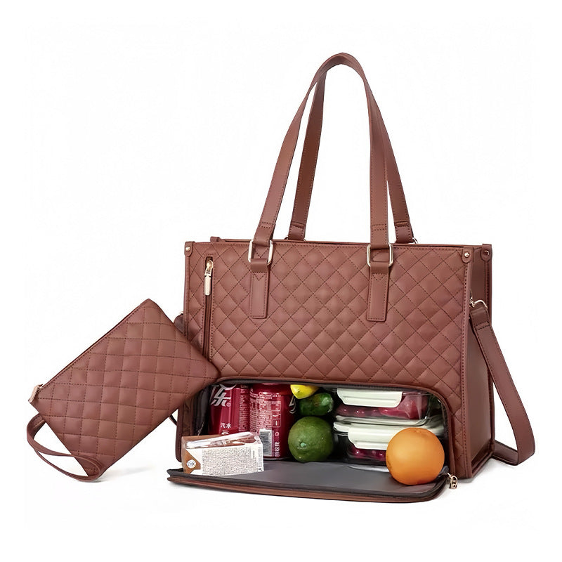 2-in-1 Insulated Lunch Tote & Laptop Bag for Women-Sand tea color-Free Shipping Leatheretro