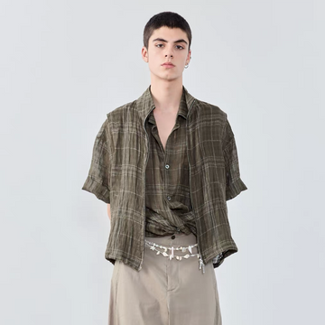 GRAINMUSTARD Linen-Cotton Plaid Vest-Vest-XS-Green-Free Shipping Leatheretro