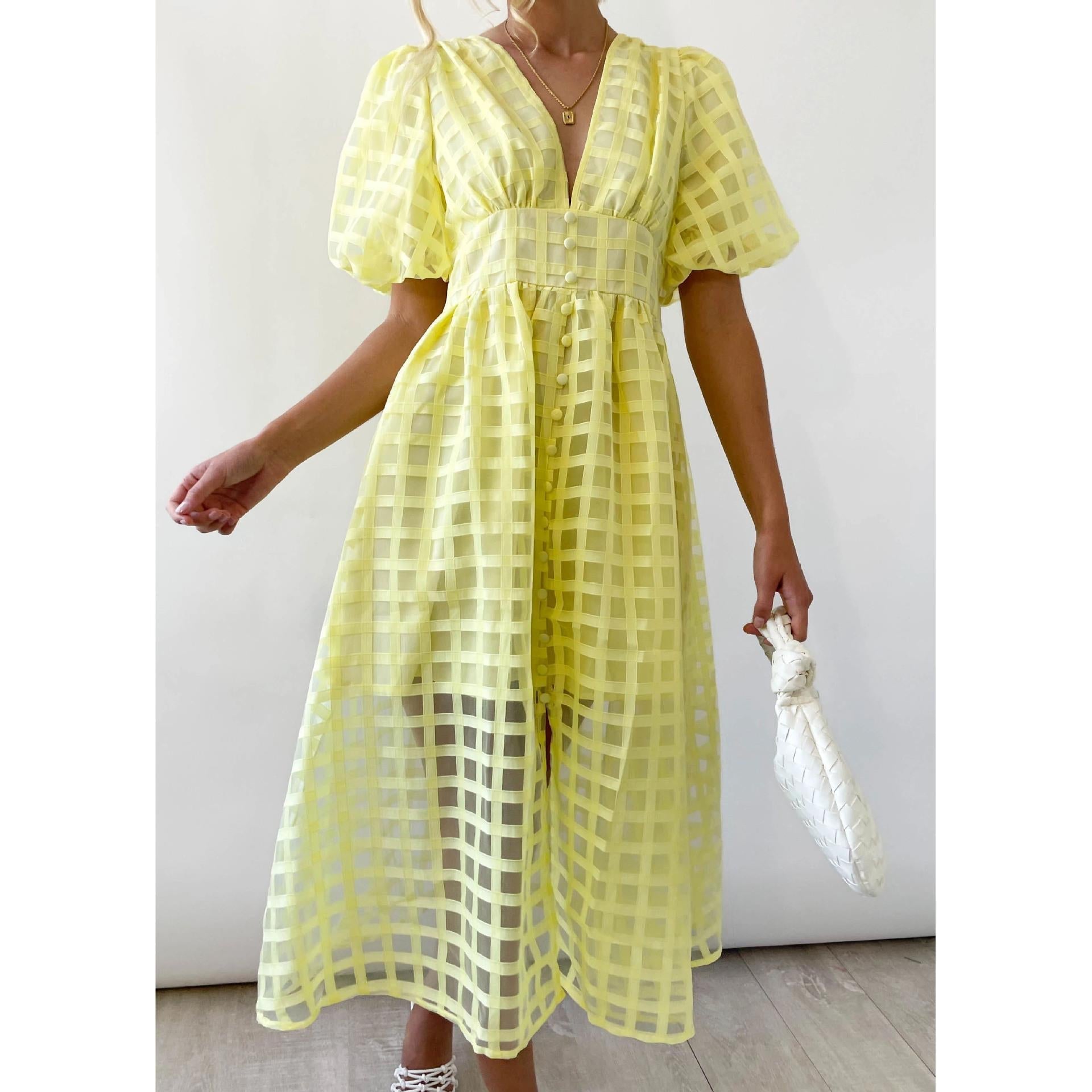 Classic Summer Hollow Design Lantern Sleeves Multi-color Women Dresses-Dresses-884 yellow-S-Free Shipping Leatheretro