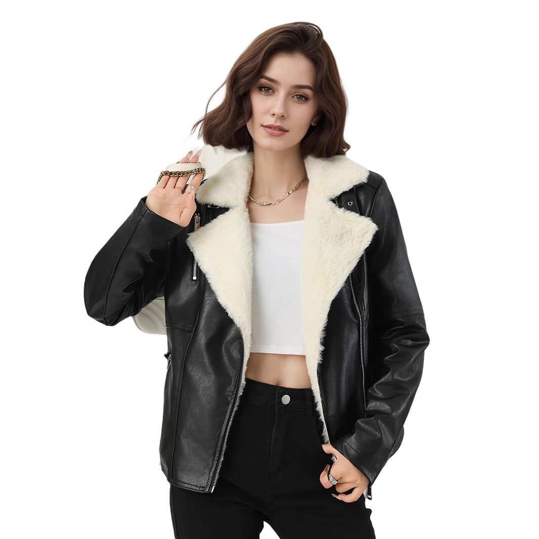 Women's Winter Tchicked Faux Fur Leather Jacket Coats-Black-S-Free Shipping Leatheretro