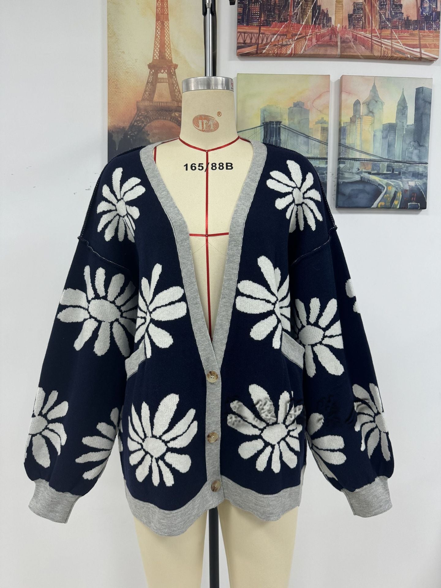 Casual Floral Print Knitted Cardigan Coats-Sweaters-Navy Blue-S-Free Shipping Leatheretro