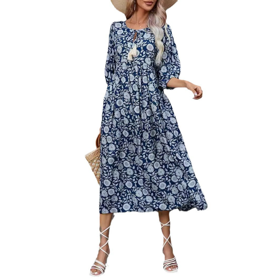 Bohemian V Neck Cotton Long Beach Dresses-Dresses-Navy Blue-S-Free Shipping Leatheretro