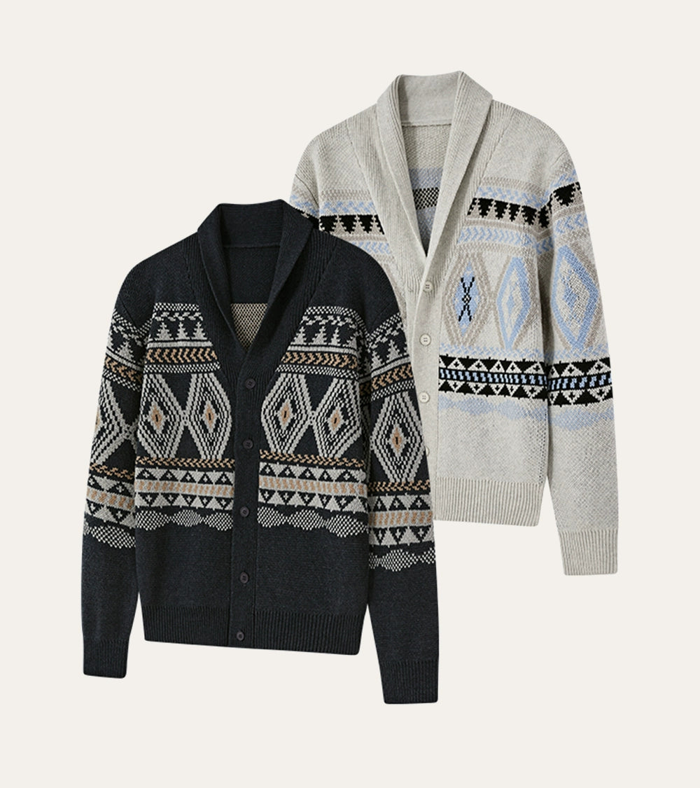 KREATE Shawl Collar Jacquard Knit Cardigan-Black Gray-S-Free Shipping Leatheretro