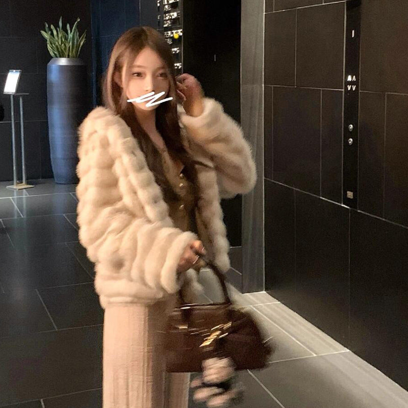 Fashion Faux Fur Women Coats with Hat-Outerwear-Ivory-S 40-50 kg-Free Shipping Leatheretro